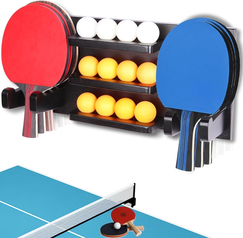 Onemacc Ping Pong Paddle Holder, Ping Pong Paddle Storage Rack Wall Mounted Holds 8 Paddles and 12 Balls, Table Tennis Racket Display Organizer for Game Room,Home - Image 1